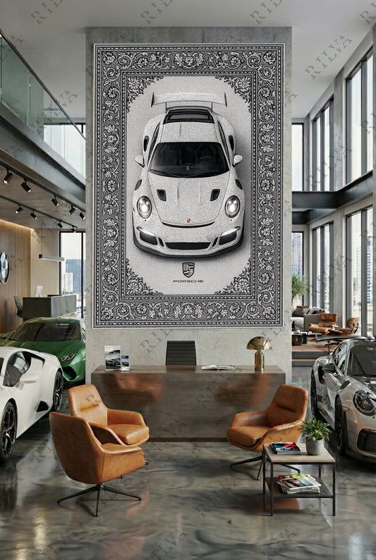 Porsche GT3 RS Car Rug Wall Tapestry – Retro Persian Style Automotive Art