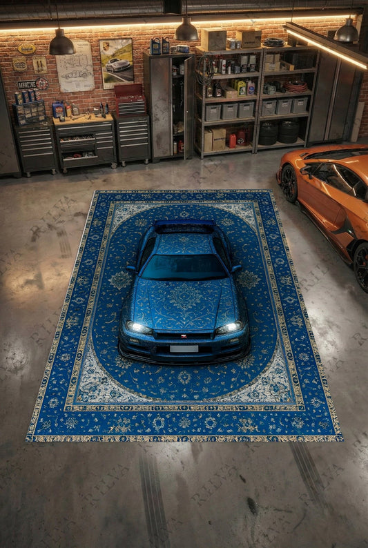 Nissan Skyline R34 Car Rug – Retro Persian Style Floor Rug | Exclusive Automotive Design - Prime Shine AD Luminar