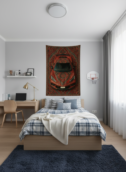 Corvette C8 Persian tapestry in a modern bedroom
