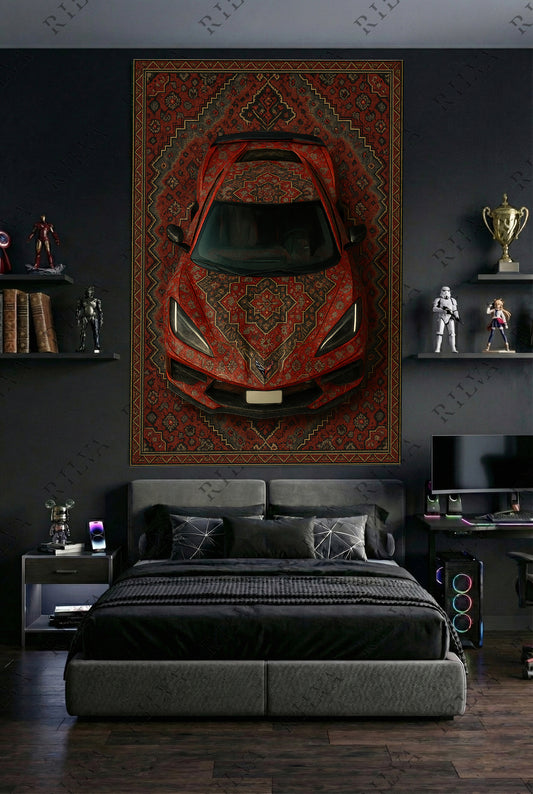 Corvette C8 Car Rug Wall Tapestry – Retro Persian Style Automotive Art