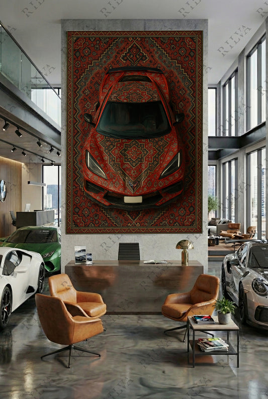 Corvette C8 Car Rug Wall Tapestry – Retro Persian Style Automotive Art