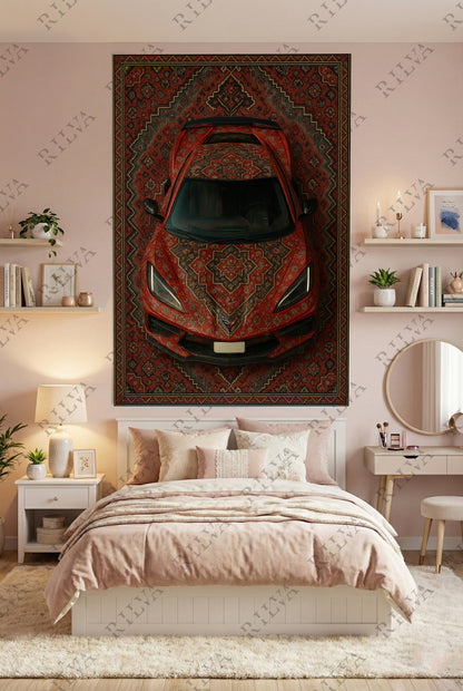 Corvette C8 Car Rug Wall Tapestry – Retro Persian Style Automotive Art