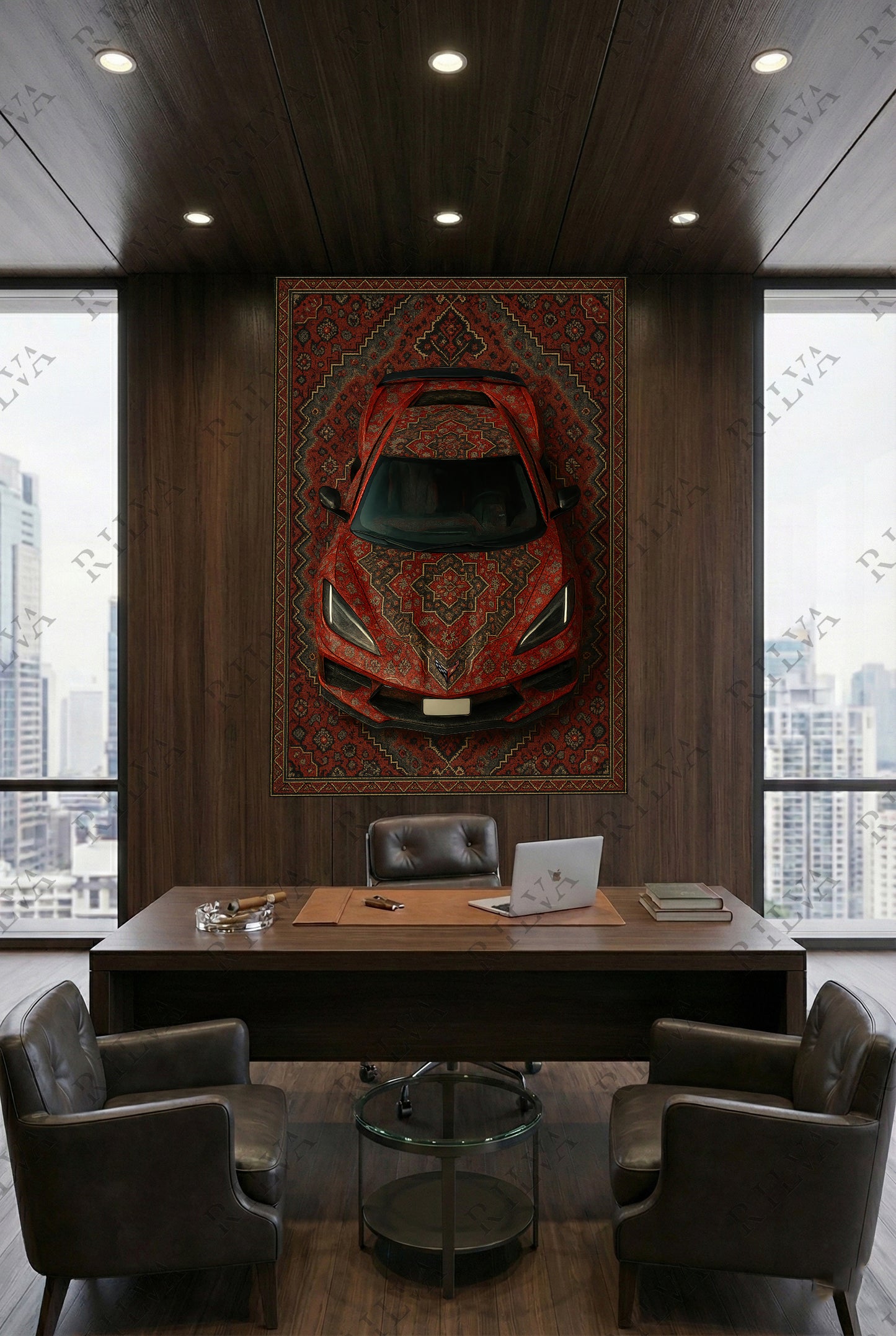 Corvette C8 Car Rug Wall Tapestry – Retro Persian Style Automotive Art