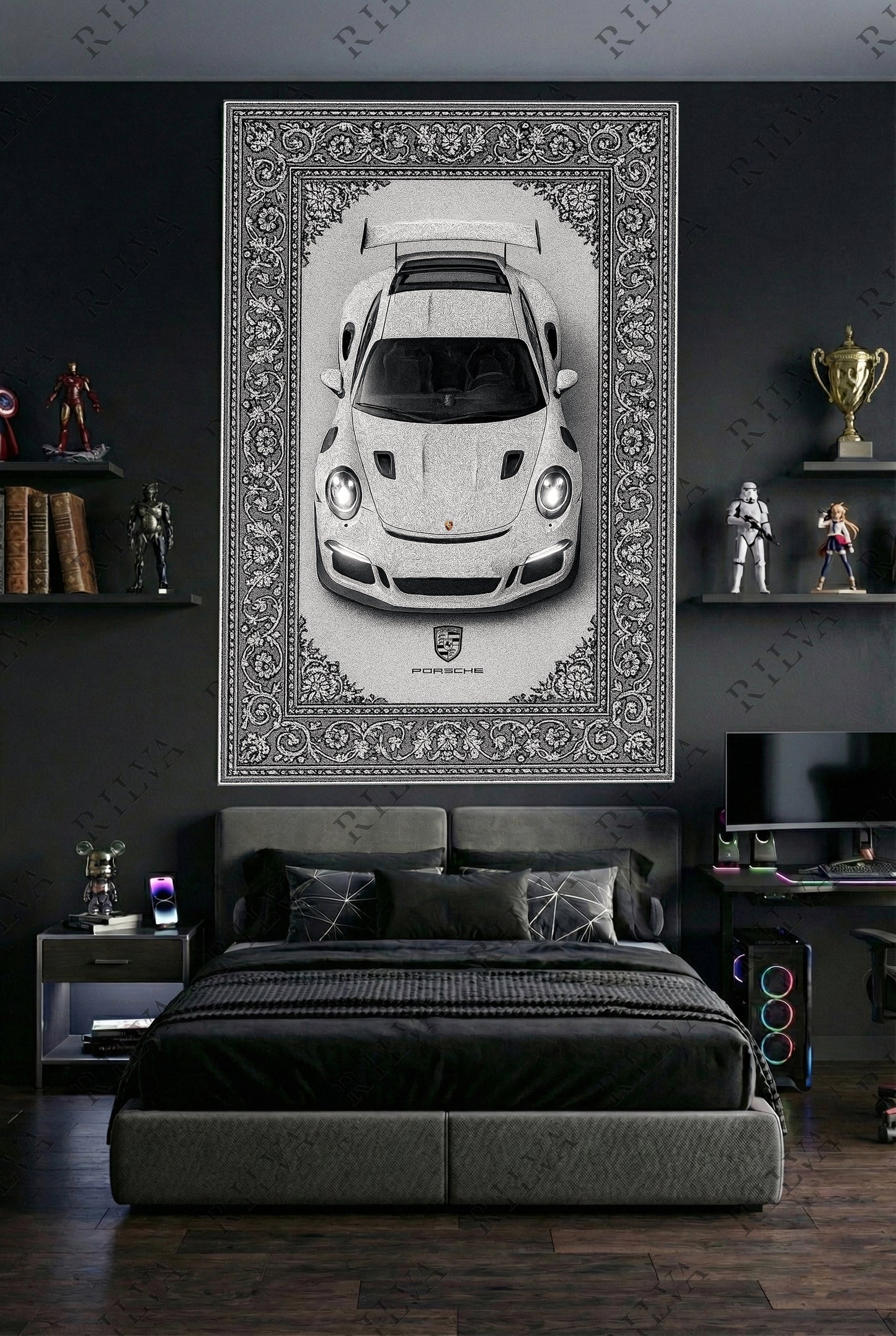Porsche GT3 RS Car Rug Wall Tapestry – Retro Persian Style Automotive Art