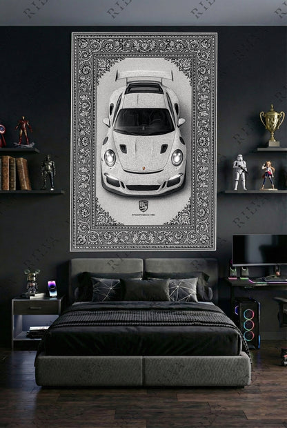 Porsche GT3 RS Car Rug Wall Tapestry – Retro Persian Style Automotive Art