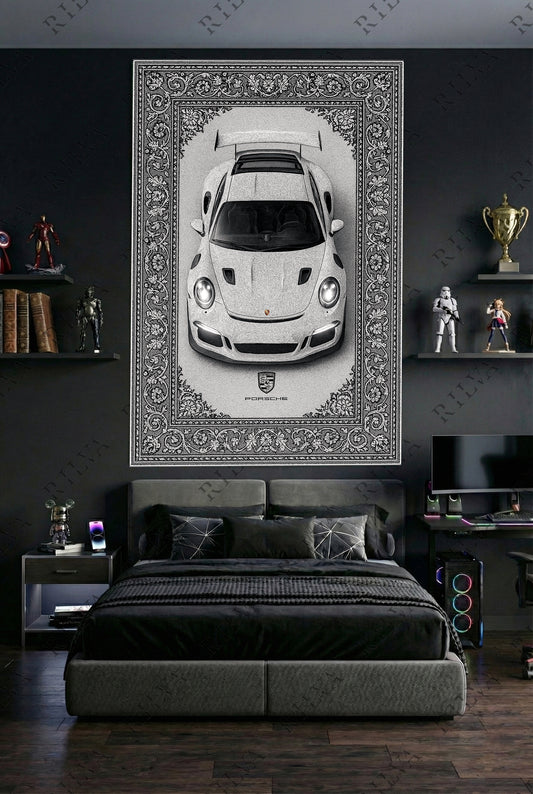 Porsche GT3 RS Car Rug Wall Tapestry – Retro Persian Style Automotive Art
