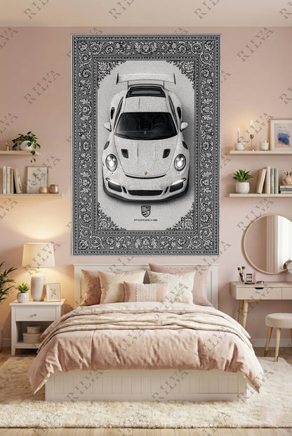 Porsche GT3 RS Car Rug Wall Tapestry – Retro Persian Style Automotive Art