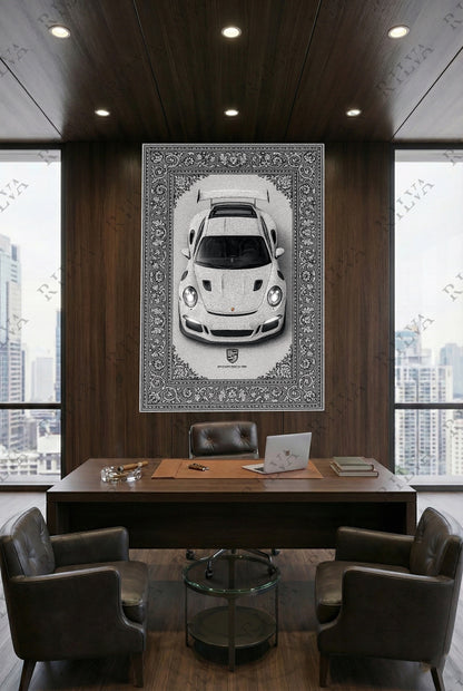 Porsche GT3 RS Car Rug Wall Tapestry – Retro Persian Style Automotive Art