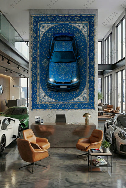 Skyline R34 Car Rug Wall Tapestry – Retro Persian Style Automotive Art