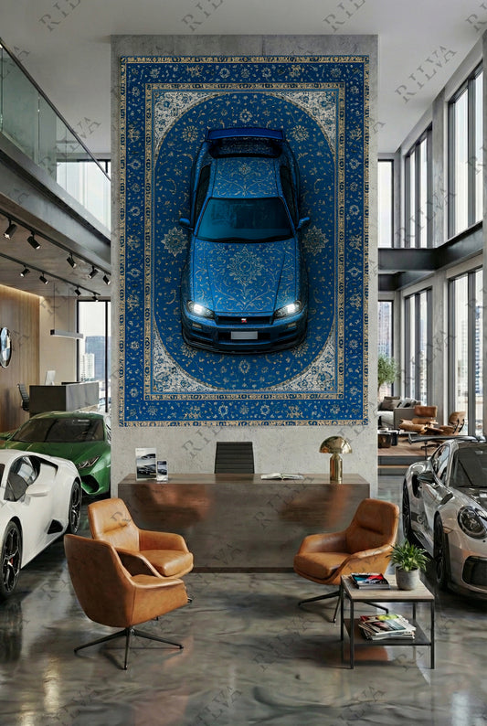 Skyline R34 Car Rug Wall Tapestry – Retro Persian Style Automotive Art
