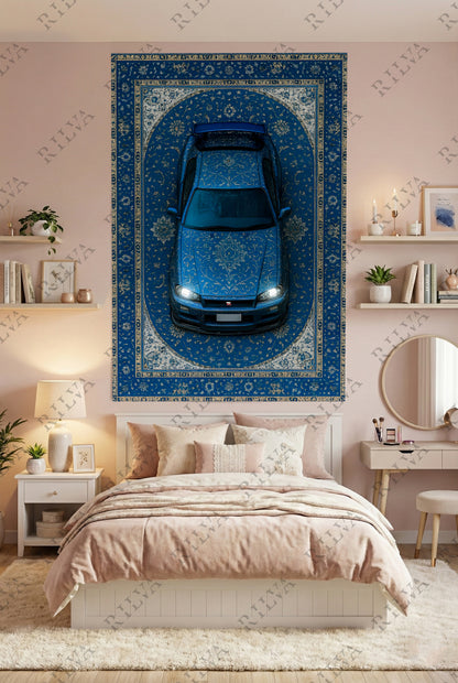 Skyline R34 Car Rug Wall Tapestry – Retro Persian Style Automotive Art