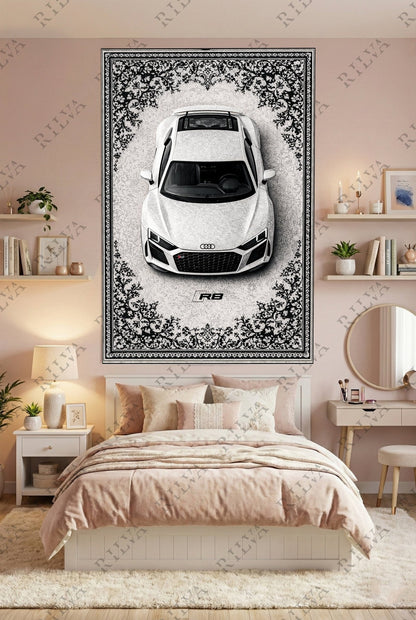 Audi R8 Car Rug Wall Tapestry – Retro Persian Style Automotive Art - Rilva Design