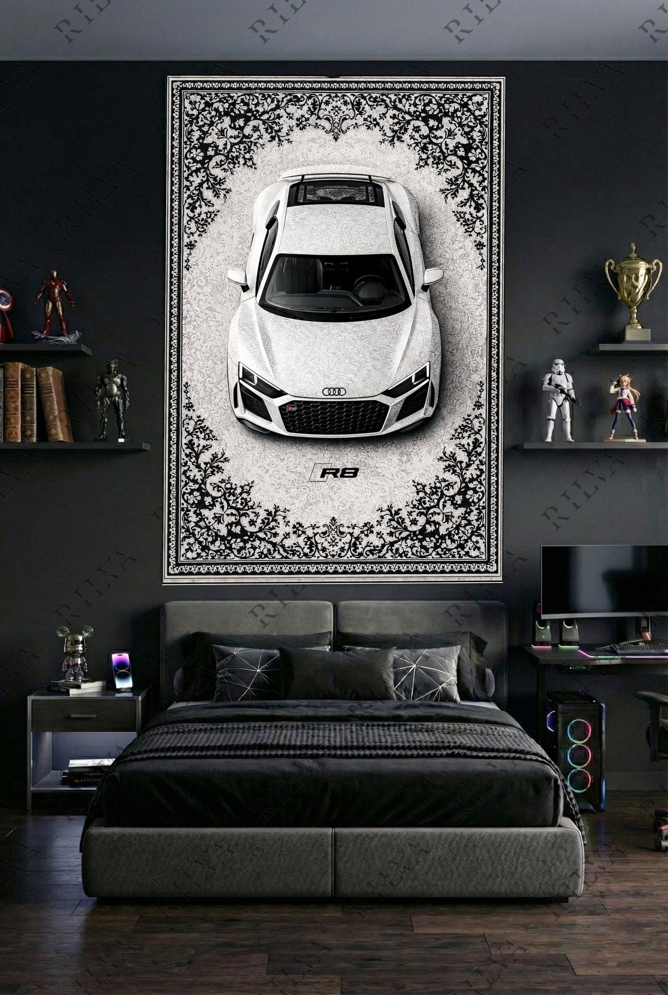 Audi R8 Car Rug Wall Tapestry – Retro Persian Style Automotive Art - Rilva Design