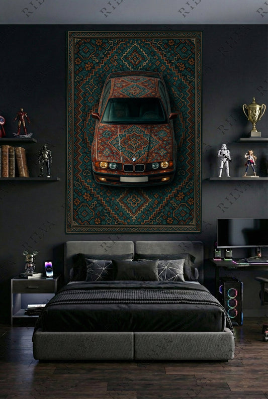 BMW E34 Car Rug Wall Tapestry – Retro Persian Style Automotive Art - Prime Shine AD Luminar