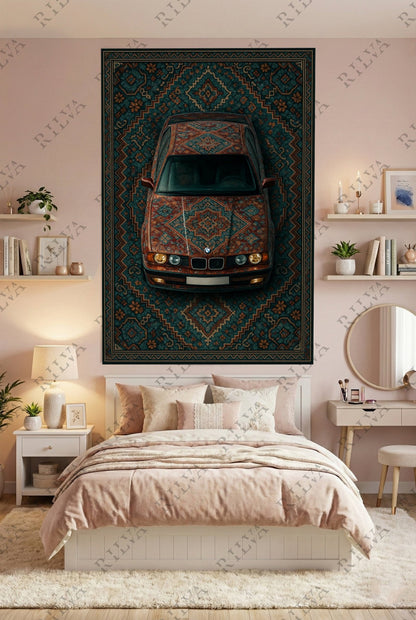 BMW E34 Car Rug Wall Tapestry – Retro Persian Style Automotive Art - Prime Shine AD Luminar