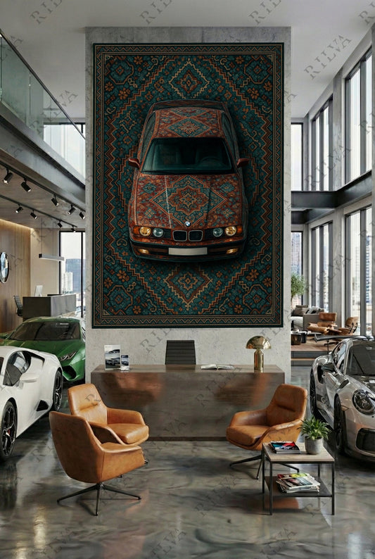 BMW E34 Car Rug Wall Tapestry – Retro Persian Style Automotive Art - Prime Shine AD Luminar