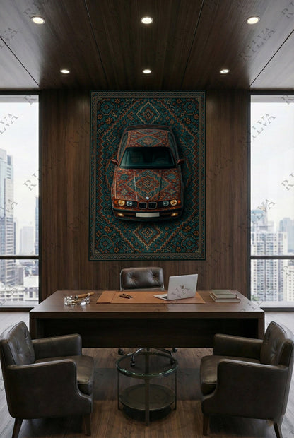 BMW E34 Car Rug Wall Tapestry – Retro Persian Style Automotive Art - Prime Shine AD Luminar