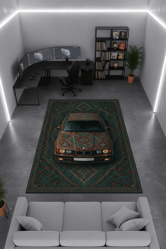 BMW E34 x Midnight Relic – Customizable Plate Vintage Automotive Rug - Rilva Design