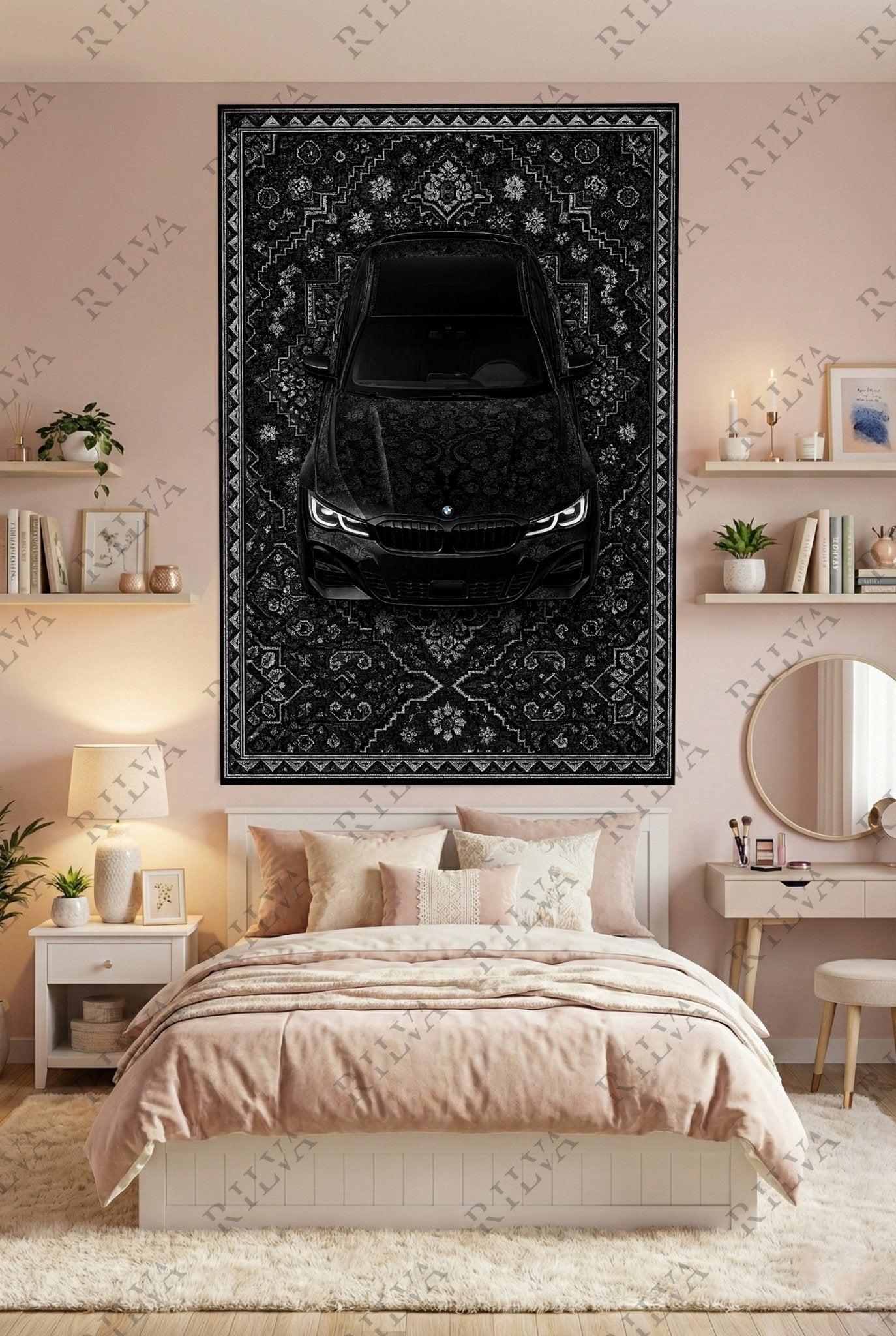 BMW F30 Car Rug Wall Tapestry – Retro Persian Style Automotive Art - Rilva Design