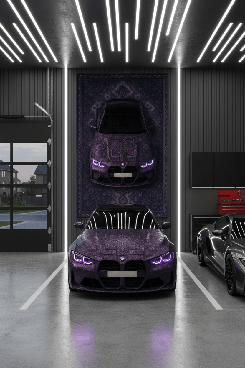 BMW M3 Persian Wall Tapestry – Premium 3D Woven Automotive Art with Purple Aesthetic for Bedroom, Gaming Room & Garage Decor - Rilva Design