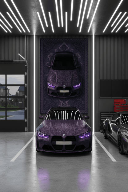 BMW M3 Persian Wall Tapestry – Premium 3D Woven Automotive Art with Purple Aesthetic for Bedroom, Gaming Room & Garage Decor - Rilva Design