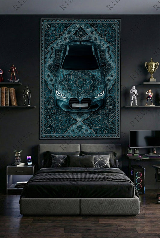 BMW M4 Car Rug Wall Tapestry – Retro Persian Style Automotive Art - Prime Shine AD Luminar