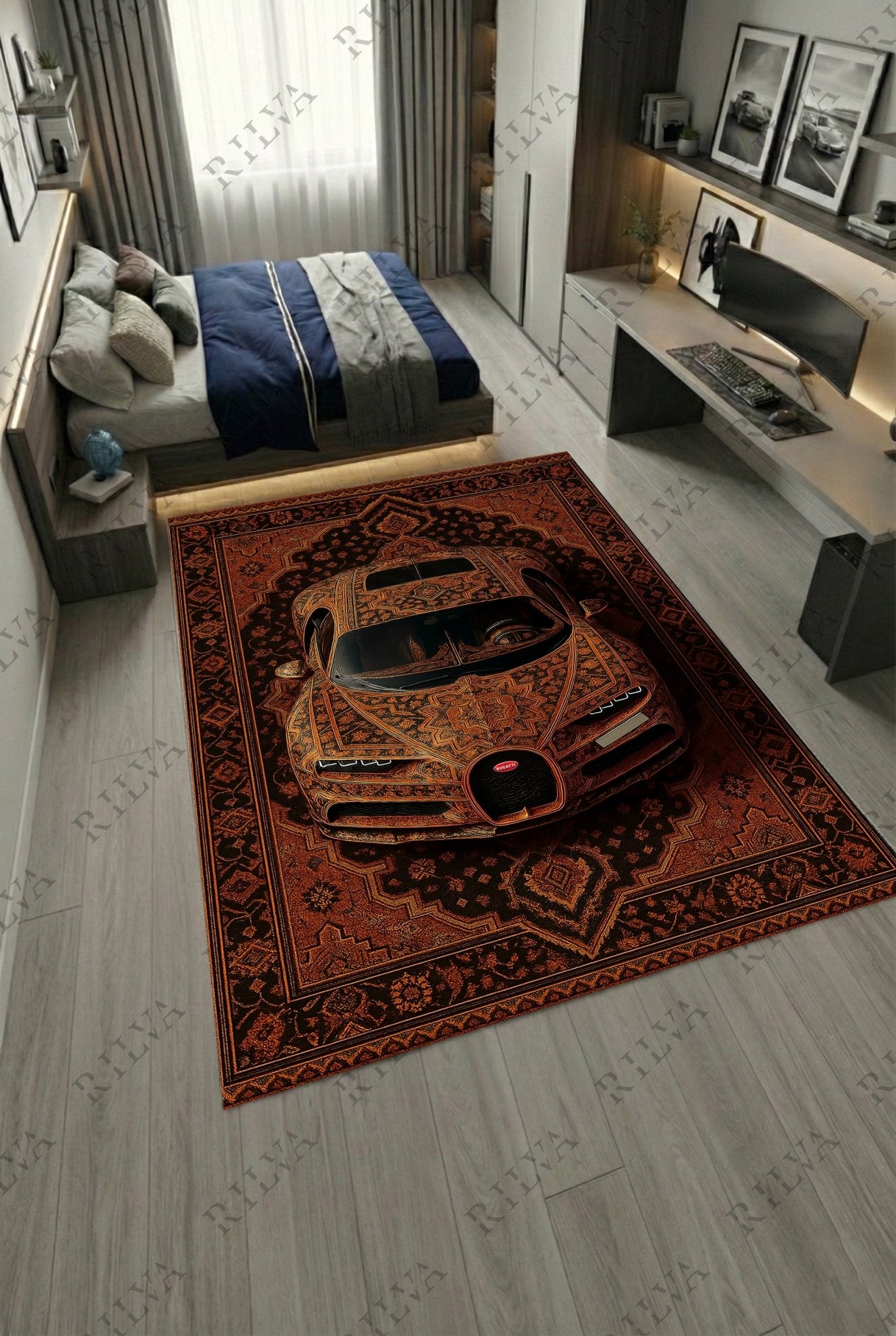 Bugatti Chiron Amber Car Rug - Exclusive Retro Persian Floor Rug - Auto Design - Rilva Design
