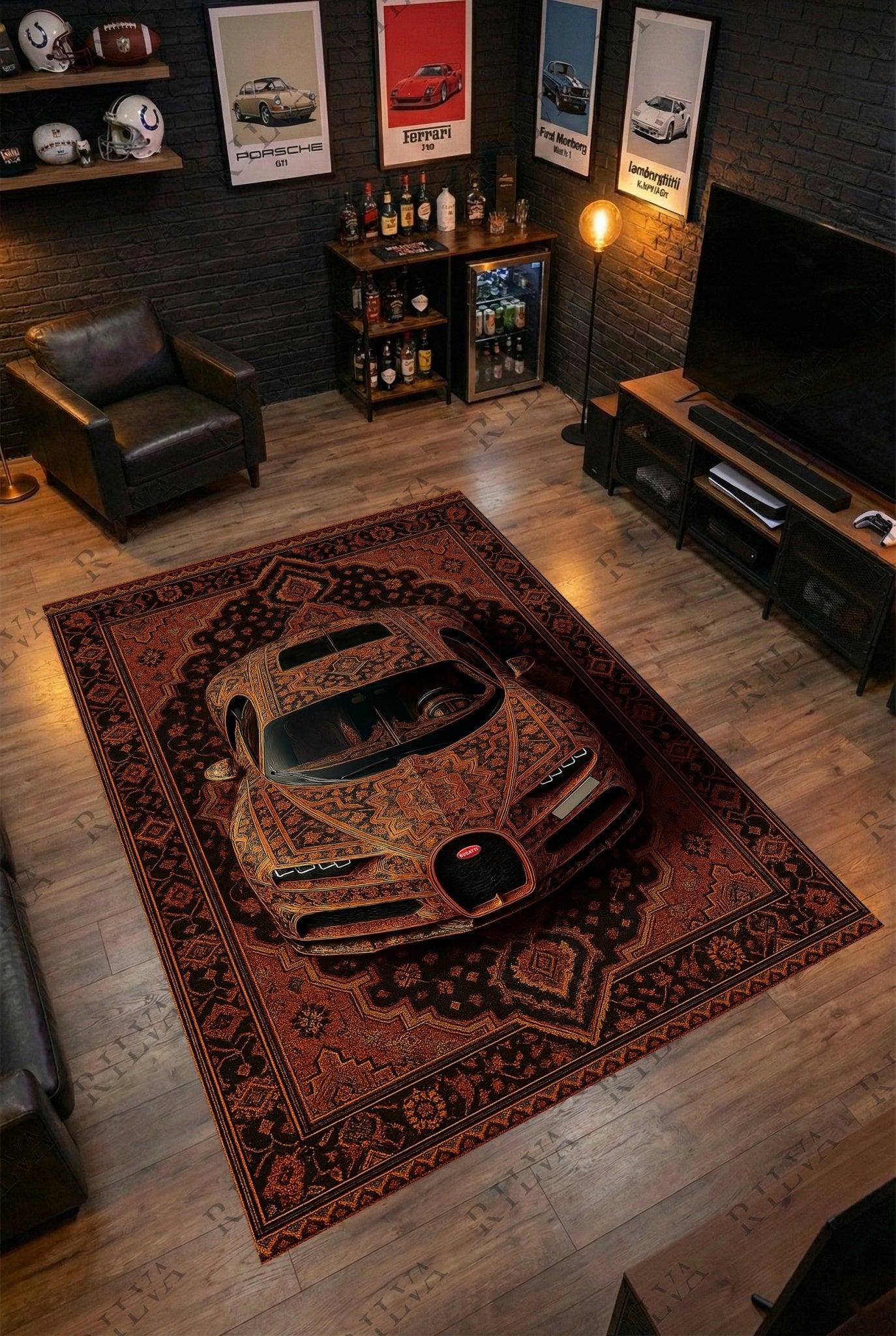 Bugatti Chiron Amber Car Rug - Exclusive Retro Persian Floor Rug - Auto Design - Rilva Design