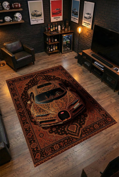 Bugatti Chiron Amber Car Rug - Exclusive Retro Persian Floor Rug - Auto Design - Rilva Design