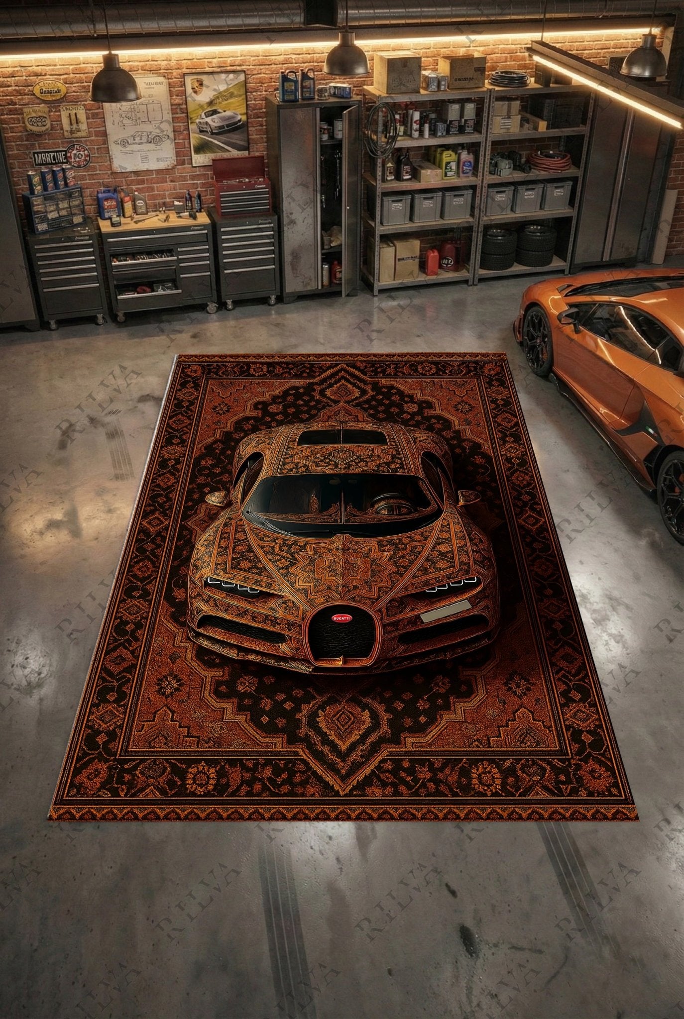 Bugatti Chiron Amber Car Rug - Exclusive Retro Persian Floor Rug - Auto Design - Rilva Design