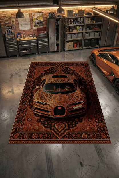 Bugatti Chiron Amber Car Rug - Exclusive Retro Persian Floor Rug - Auto Design - Rilva Design