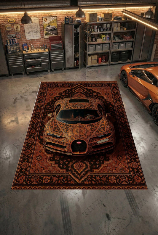 Bugatti Chiron Amber Car Rug - Exclusive Retro Persian Floor Rug - Auto Design - Rilva Design