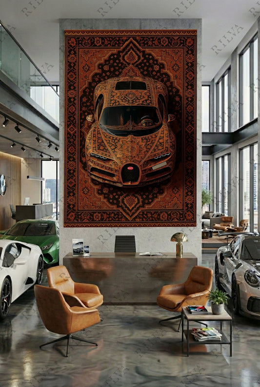 Bugatti Chiron Orange Car Rug Wall Tapestry – Retro Persian Style - Rilva Design