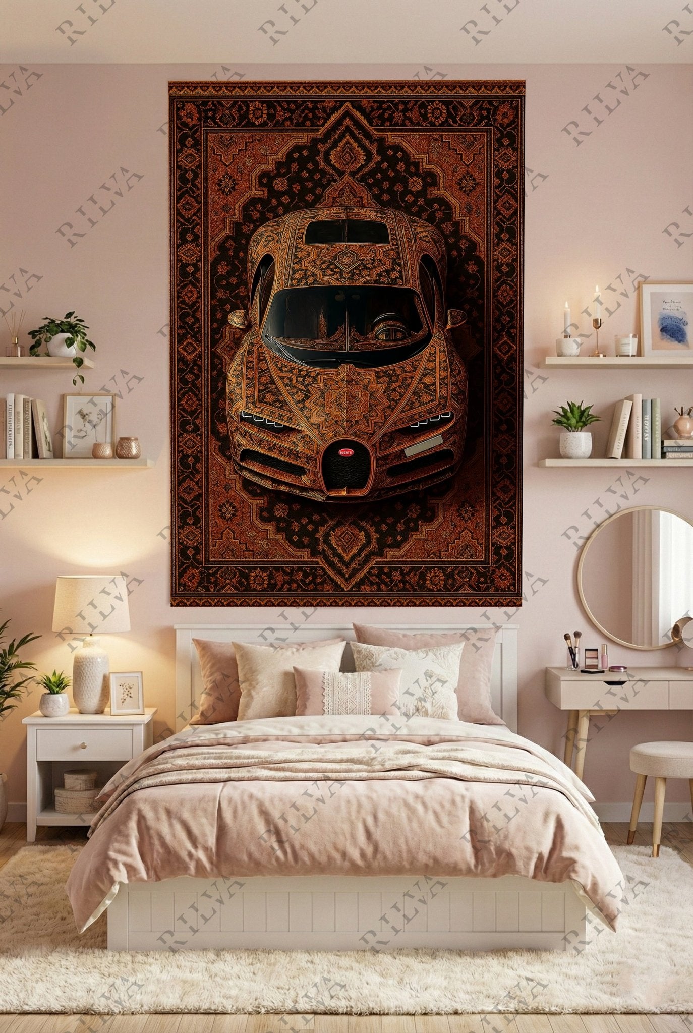 Bugatti Chiron Orange Car Rug Wall Tapestry – Retro Persian Style - Rilva Design