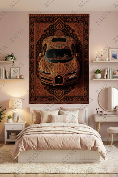 Bugatti Chiron Orange Car Rug Wall Tapestry – Retro Persian Style - Rilva Design
