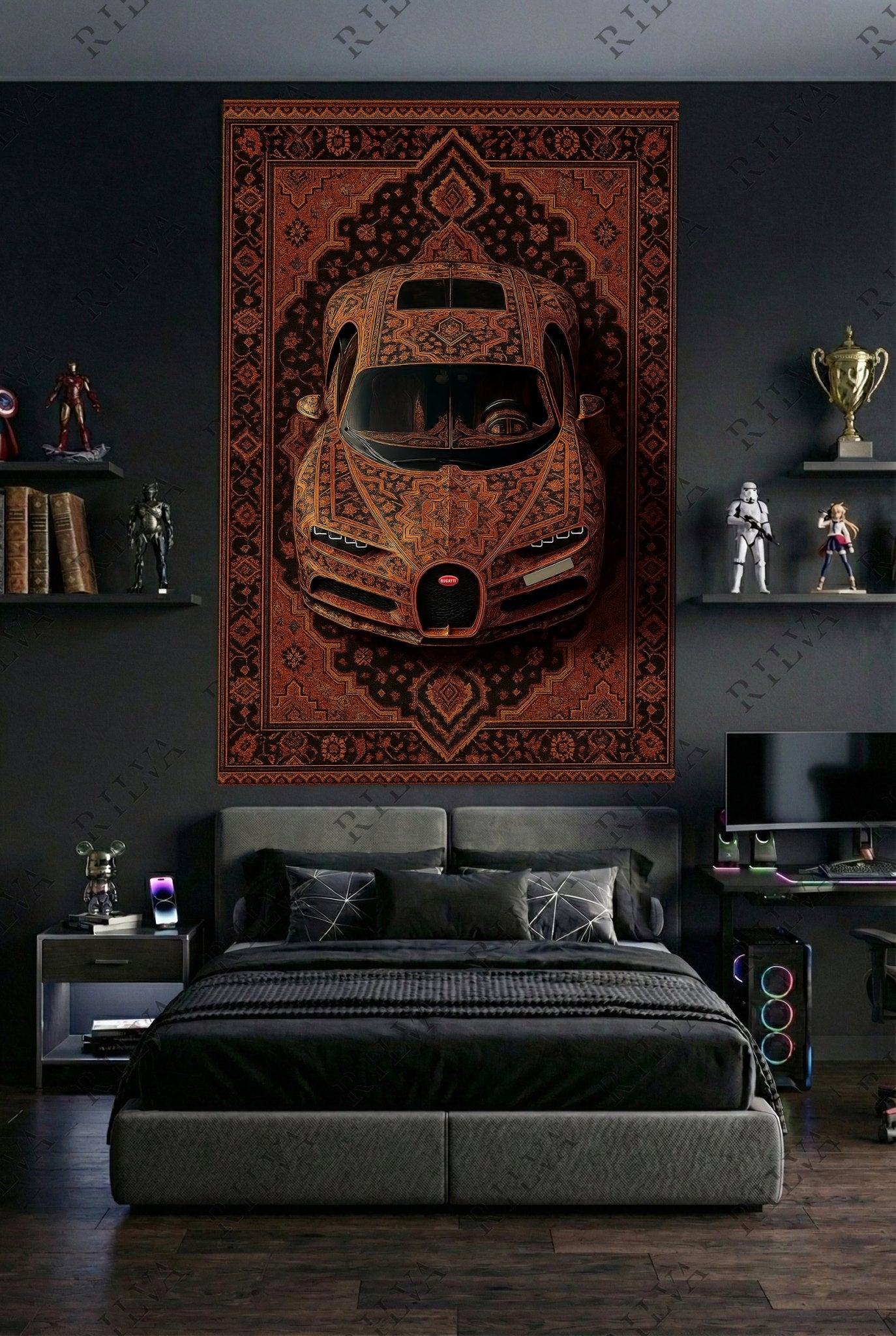 Bugatti Chiron Orange Car Rug Wall Tapestry – Retro Persian Style - Rilva Design