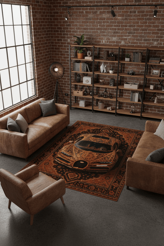 Bugatti Chiron x Amber Legacy – Customizable Plate Persian Automotive Rug - Rilva Design