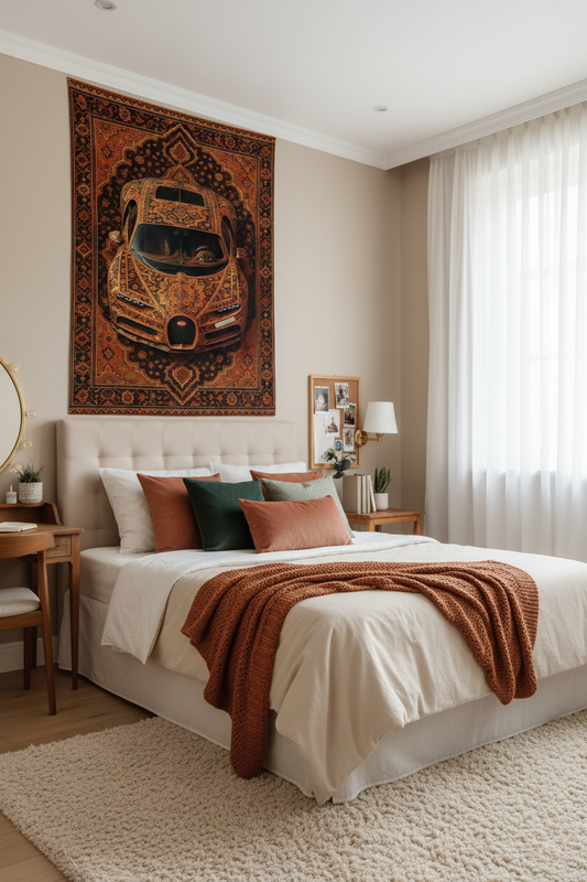 Bugatti Chiron Persian wall art in a warm-toned bedroom

