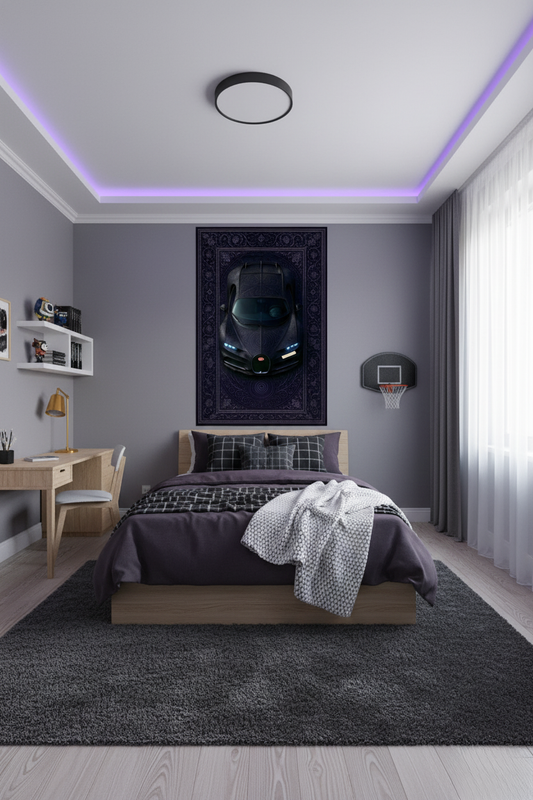 Bugatti Chiron purple wall tapestry in a modern bedroom
