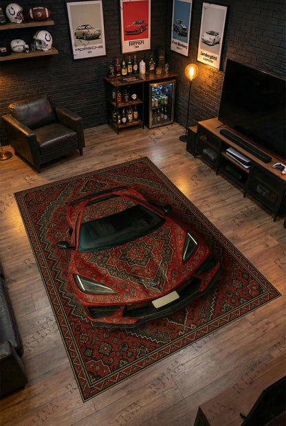 Corvette C8 Car Rug – Retro Persian Style Floor Rug | Exclusive Automotive Design - Rilva Design