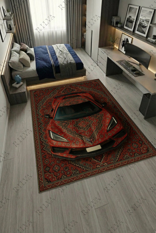 Corvette C8 Car Rug – Retro Persian Style Floor Rug | Exclusive Automotive Design - Rilva Design