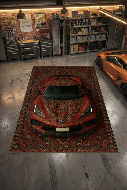 Corvette C8 Car Rug – Retro Persian Style Floor Rug | Exclusive Automotive Design - Rilva Design