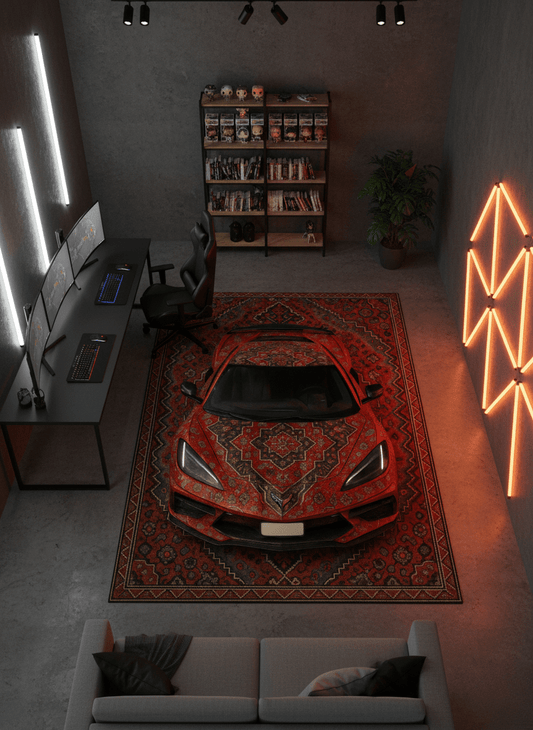 Corvette C8 x Crimson Legacy – Customizable Plate Persian Automotive Rug - Rilva Design