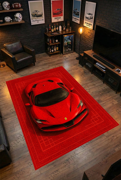 Ferrari SF90 Car Rug – Retro Scandinavian design Floor Rug | Exclusive Automotive Design - Rilva Design