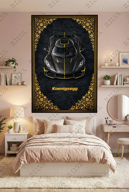 Koenigsegg Jesko Mansory Wall Tapestry – Retro Persian Style Automotive Art - Rilva Design