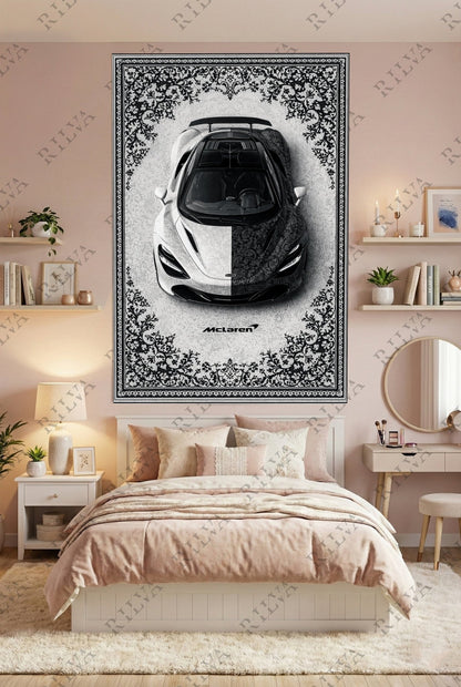 McLaren 720S Car Rug Wall Tapestry – Retro Persian Style Automotive Art - Rilva Design