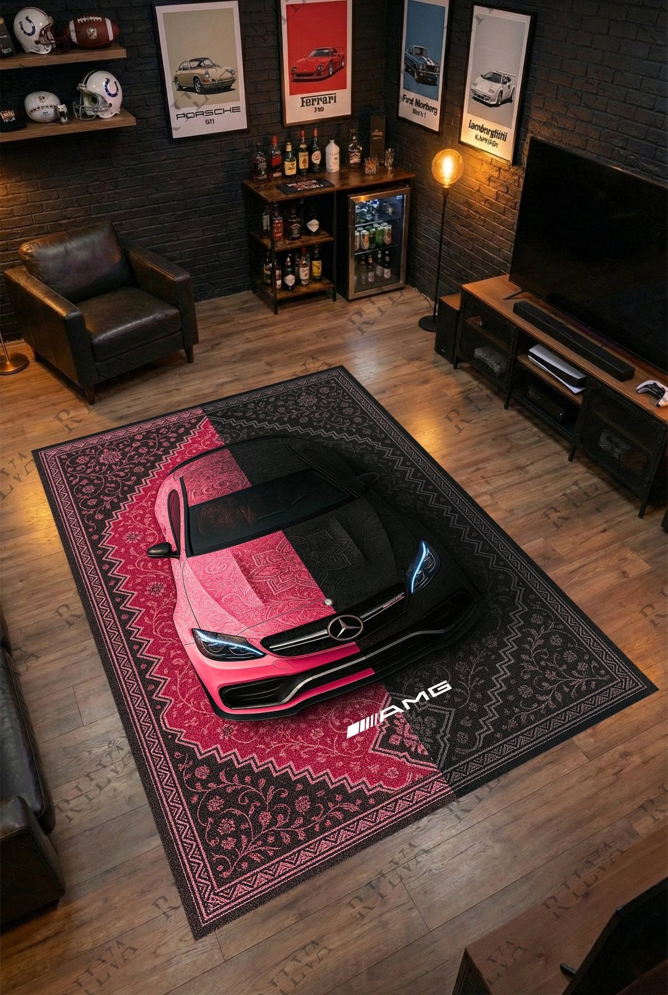 Mercedes C63 S AMG Car Rug – Retro Persian Style Floor Rug | Exclusive Automotive Design - Rilva Design