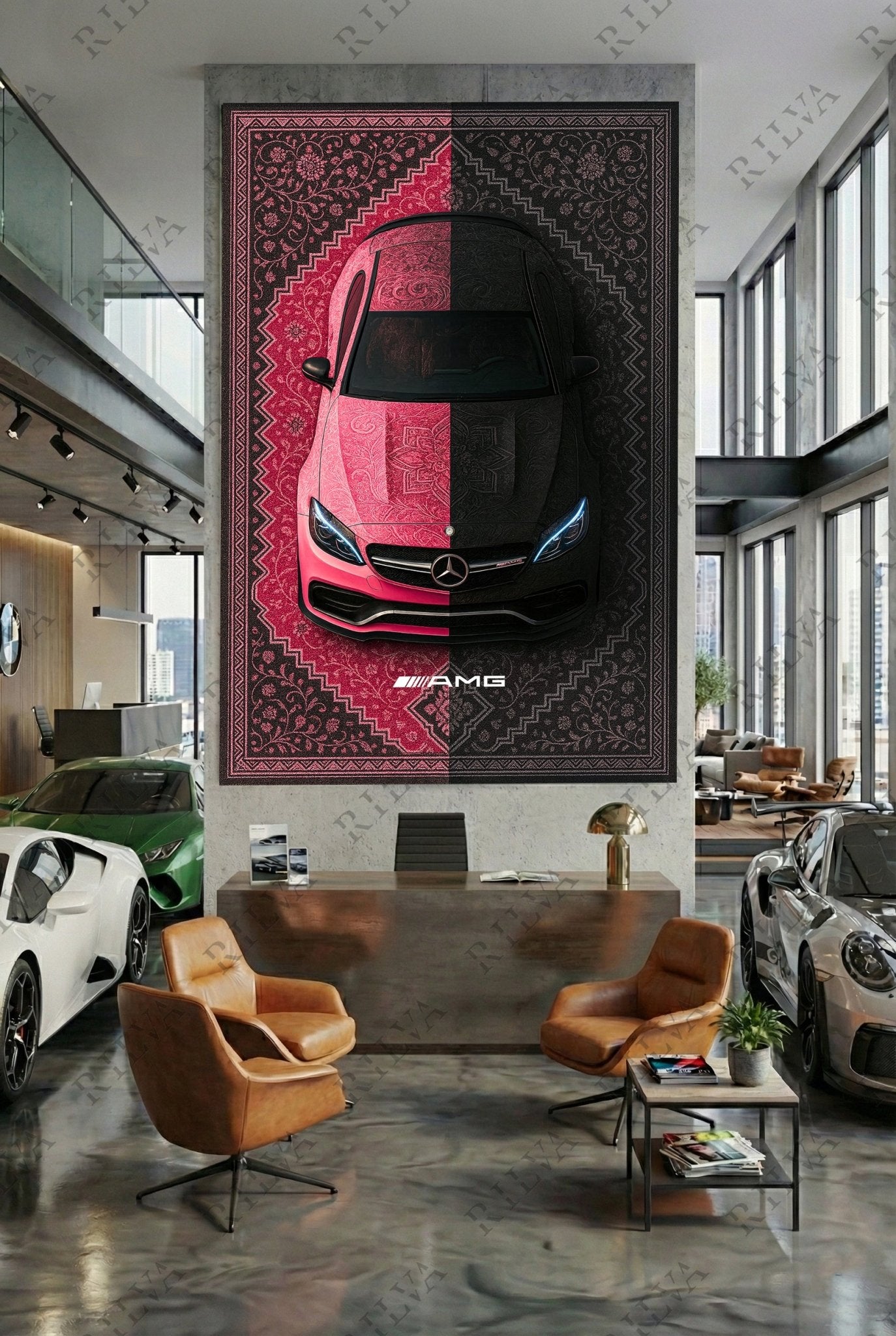 Mercedes C63 S Car Rug Wall Tapestry – Retro Persian Style Automotive Art - Rilva Design