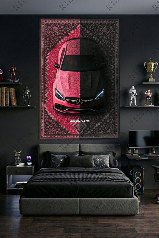 Mercedes C63 S Car Rug Wall Tapestry – Retro Persian Style Automotive Art - Rilva Design