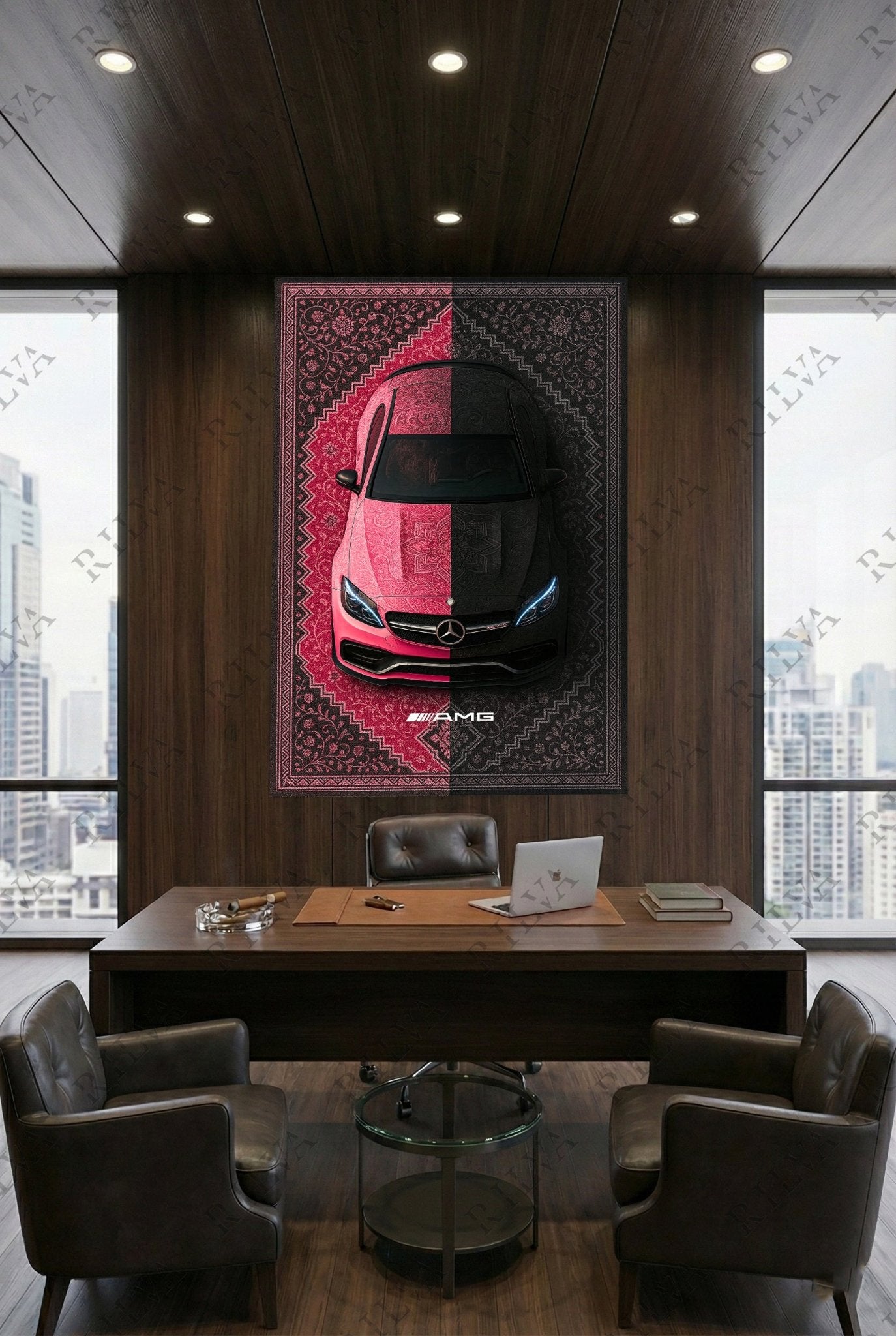 Mercedes C63 S Car Rug Wall Tapestry – Retro Persian Style Automotive Art - Rilva Design